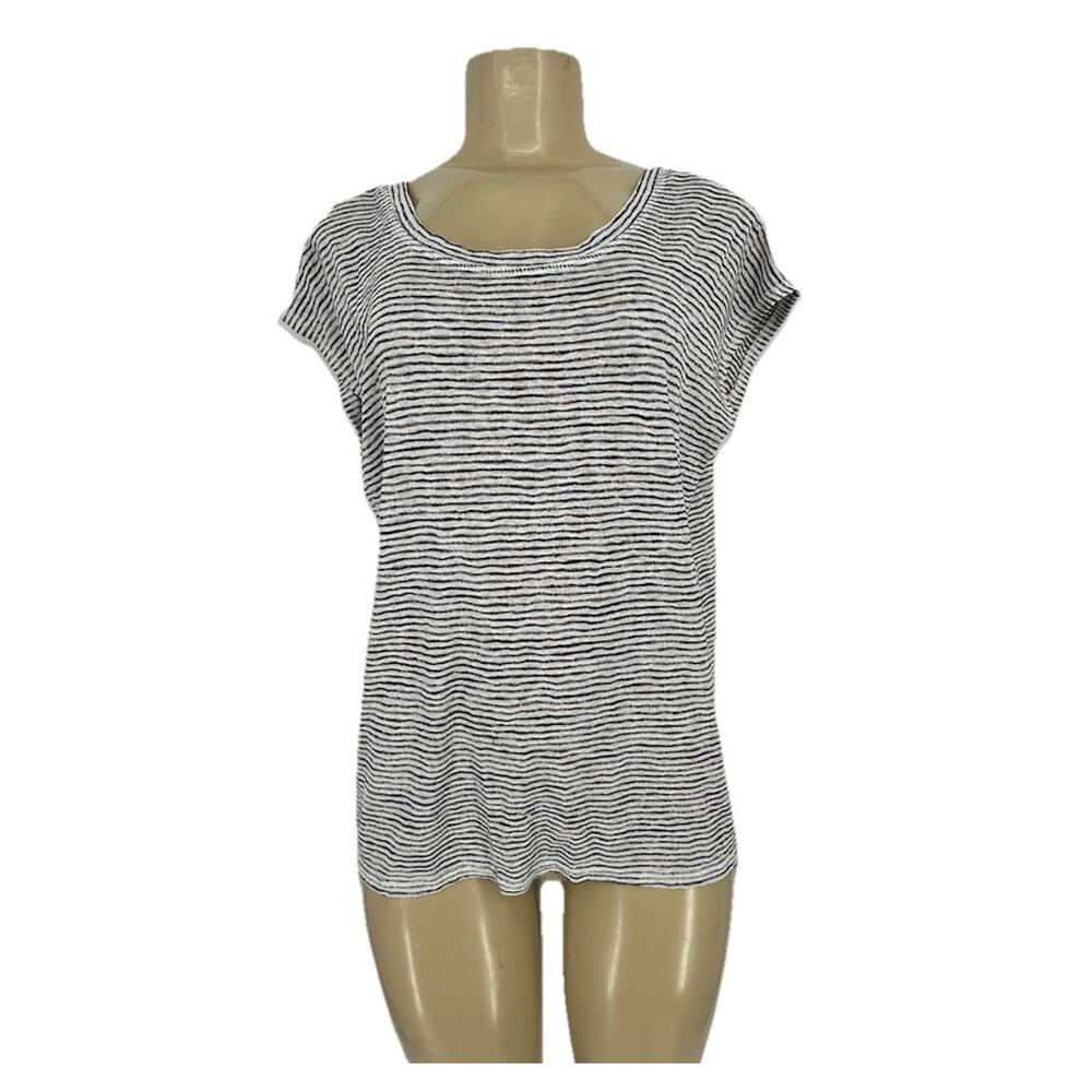 Athleta Women Large Striped Breezy Cross Back Tee T-shirt Knit Short Sleeve PS1